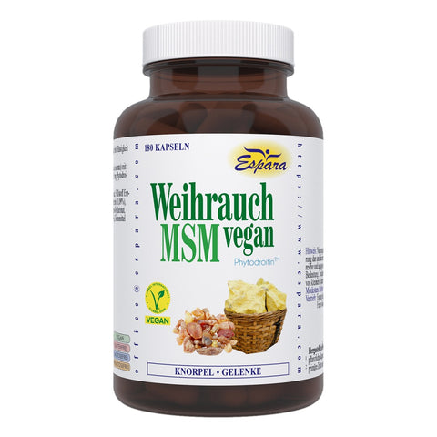 Espara Weihrauch-MSM vegan Kapseln 180 Kapseln, Nahrungsergänzungsmittel mit Weihrauch Extrakt, MSM, Phytodroitin und Hyaluronsäure zur ernährungsphysiologischen Unterstützung von Knorpel, Gelenken und Bewegungsapparat, für Gelenke und Mobilität im Alltag, vegane Rezeptur, glutenfrei, lactosefrei, fructosefrei, braune Dose mit Vorderetikett und Vegan-Siegel für Knorpel Gelenke. | Naturpräparate Dieterich
