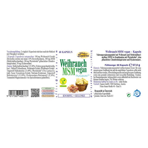 Espara Weihrauch-MSM vegan Kapseln 60 Kapseln Rückseite, Produktetikett mit Angaben zu Weihrauch Extrakt, MSM, Phytodroitin und Hyaluronsäure, Informationen zur Dosierung, Inhaltsstoffen und Lagerung, Einsatz zur täglichen Unterstützung von Knorpel, Gelenken und Bewegungsapparat, veganes, glutenfreies, lactosefreies, fructosefreies Nahrungsergänzungsmittel auf brauner Dose. | Naturpräparate Dieterich