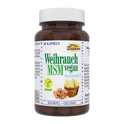 Espara Weihrauch-MSM vegan Kapseln 60 Kapseln, kompakte Packung mit Weihrauch Extrakt, MSM, Phytodroitin und Hyaluronsäure zur begleitenden Versorgung von Knorpel und Gelenken, geeignet für Phasen erhöhter Belastung und zur täglichen Gelenkpflege, veganes Nahrungsergänzungsmittel, glutenfrei, lactosefrei, fructosefrei, braune Dose mit Vorderetikett und Vegan-Siegel für Knorpel Gelenke. | Naturpräparate Dieterich