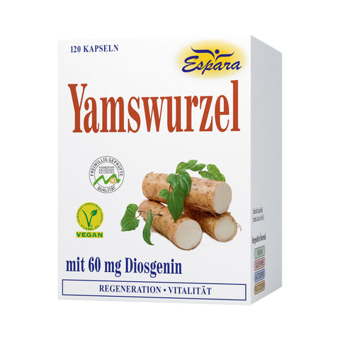 Espara Yamswurzel Kapseln 120 Stück mit 60 mg Diosgenin Nahrungsergänzungsmittel vegan glutenfrei laktosefrei fruktosefrei Packung mit Yamswurzel Abbildung für hormonelle Balance Vitalität und Wechseljahre. Naturpräparate Dieterich