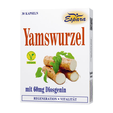 Espara Yamswurzel 30 Kapseln mit 60 mg Diosgenin, veganes Nahrungsergänzungsmittel zur Förderung der hormonellen Balance, Vitalität und Regeneration. Mit Vegan Siegel und Qualitätssiegel Salzburg, zeigt Yamswurzel Abbildung und Produktverpackung. | Naturpräparate Dieterich
