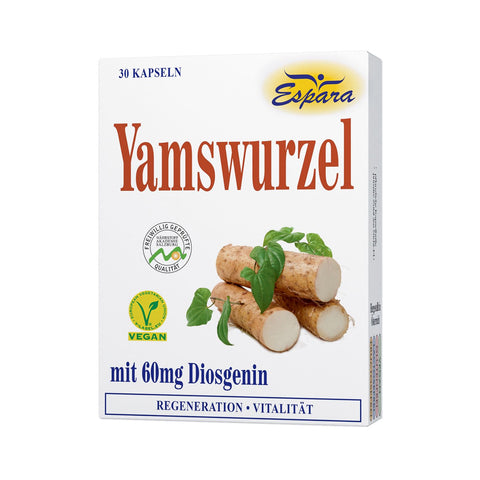 Espara Yamswurzel Kapseln 30 Stück mit 60 mg Diosgenin pflanzliches Nahrungsergänzungsmittel vegan glutenfrei laktosefrei fruktosefrei Produktfoto Packung mit Yamswurzel Darstellung zur Unterstützung in den Wechseljahren hormonelles Gleichgewicht und Energie. Naturpräparate Dieterich
