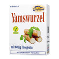 Espara Yamswurzel 60 Kapseln mit 60 mg Diosgenin, vegane Kapseln mit Yamswurzel Extrakt zur Unterstützung von Regeneration, Vitalität und hormoneller Balance. Hergestellt in Österreich, vegan, glutenfrei, laktosefrei, fructosefrei. Zeigt Verpackung mit Yamswurzel Motiv und Qualitätssiegeln. | Naturpräparate Dieterich