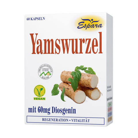 Espara Yamswurzel Kapseln 60 Stück mit 60 mg Diosgenin hochwertiges Nahrungsergänzungsmittel vegan glutenfrei laktosefrei fruktosefrei Produktabbildung Packung mit Yamswurzel Pflanze für hormonelle Balance Vitalität und Wohlbefinden in den Wechseljahren. Naturpräparate Dieterich