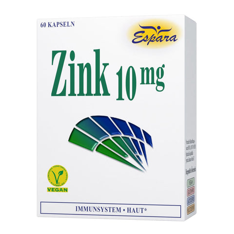 Espara Zink 10 mg 60 Kapseln, vegane Nahrungsergänzung zur Unterstützung von Haut, Immunsystem und Zellschutz. Mit Vegan Siegel und grün blauem Espara Motiv. Glutenfrei, laktosefrei, fructosefrei, hergestellt in Österreich. Verpackungsvorderseite mit Produktname und Wirkhinweis. | Naturpräparate Dieterich