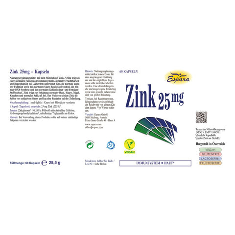 Espara Zink 25 mg 60 Kapseln, vegane Nahrungsergänzung mit Zink zur Unterstützung von Immunsystem, Haut, Haaren, Nägeln, Knochen und Fruchtbarkeit. Mit Angaben zu Inhaltsstoffen, Dosierung und Qualitäts­siegeln. Vegan, glutenfrei, laktosefrei, fructosefrei, hergestellt in Österreich. Abbildung der Verpackungsrückseite mit Produktinformationen. | Naturpräparate Dieterich