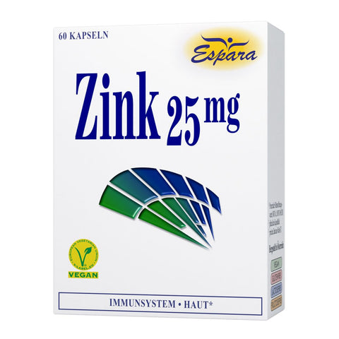 Espara Zink 25 mg 60 Kapseln, veganes Nahrungsergänzungsmittel zur Stärkung von Immunsystem, Haut und Zellschutz. Enthält Zink zur normalen Funktion von Stoffwechsel, Fruchtbarkeit und Abwehrkräften. Vegan, glutenfrei, laktosefrei, fructosefrei, hergestellt in Österreich. Verpackung mit Zink 25 mg Aufdruck und Vegan Label. | Naturpräparate Dieterich