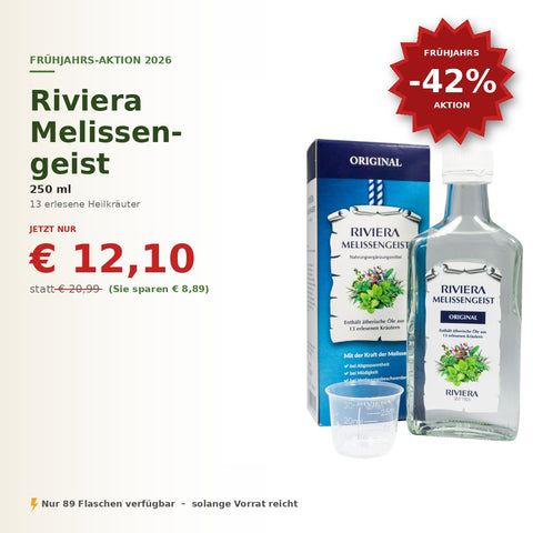 Riviera Melissengeist 250 ml Original mit Umkarton und Messbecher – Frühjahrsaktion 2026, jetzt für 12,10 € statt 20,99 € (-42 %), nur 89 Flaschen verfügbar