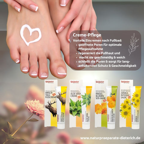 Holzhacker Creme-Pflege - Vorteile des Eincremens nach dem Fußbad: geöffnete Poren für optimale Aufnahme der pflegenden Inhaltsstoffe, regeneriert die Fußhaut und macht sie weich & geschmeidig, schließt die Poren & sorgt für langanhaltenden Schutz & Geschmeidigkeit. Foto mit Fuß und Creme-Herz und Holzhacker Creme Tuben. | Naturpräparate Dieterich