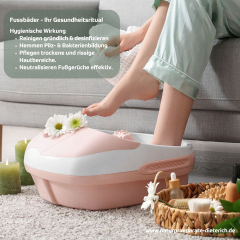 Fussbäder - Ihr Gesundheitsritual - Hygienische Wirkung: gründliches Reinigen & Desinfizieren, hemmen Pilz- u. Bakterienbildung, pflegen trockene & rissige Hautbereiche, neutralisieren Fußgerüche effektiv | Naturpräparate Dieterich