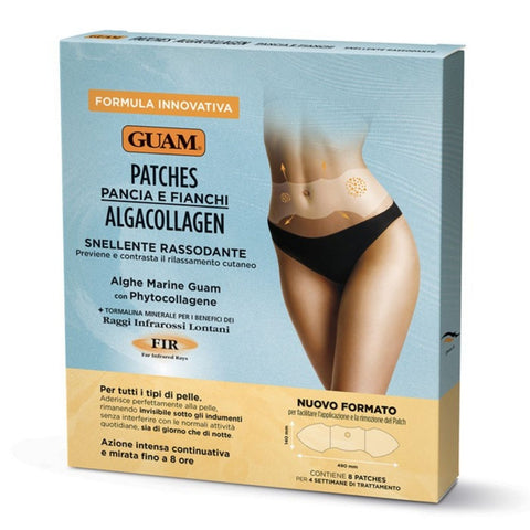 GUAM FIR AlgaCollagen Patches Bauch und Hüfte 8 Stück fettreduzierend und straffend transdermale Pflaster mit 8 Stunden Wirkzeit gegen Fettdepots und Cellulite mit Phytokollagen und Tormalin Produktansicht Verpackung Vorderseite mit Design und Produktname. | Naturpräparate Dieterich