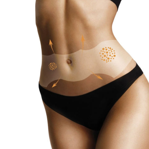 GUAM FIR AlgaCollagen Patches Bauch und Hüfte Anwendung auf dem Körper zeigt Positionierung über dem Bauchnabel transdermale Pflaster haften unsichtbar auf der Haut unterstützen die Straffung und Pflege bei Cellulite und Fettdepots Anwendungssituation Bauchbereich. | Naturpräparate Dieterich