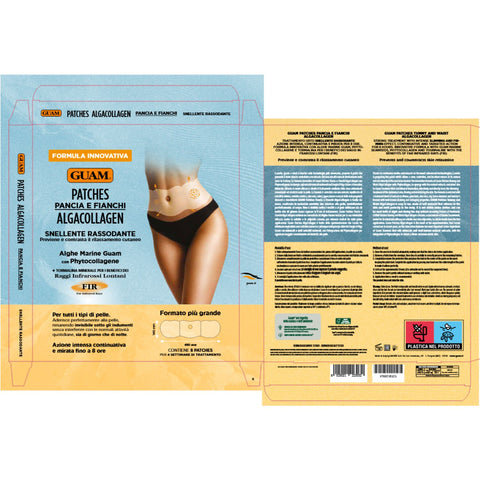 GUAM FIR AlgaCollagen Patches Bauch und Hüfte mit Tormalin und Ferninfrarot Effekt unterstützen die Mikrozirkulation fördern die Hautaktivität und sorgen für strafferes Hautbild Detailbild Produktverpackung und Patch Anwendung Kombination. | Naturpräparate Dieterich