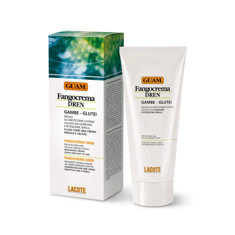 GUAM Fangocrema Dren entwässernde Nachtcreme 200 ml gegen Wassereinlagerungen schwere Beine und Schwellungen unterstützt die Haut bei Flüssigkeitseinlagerungen fördert die Mikrozirkulation und sorgt für glattere definierte Haut an Beinen und Gesäß mit GUAM Meeresalgen und Meersalz ideal für die Anwendung über Nacht Produktansicht Tube Vorderseite und Verpackung Detail. | Naturpräparate Dieterich