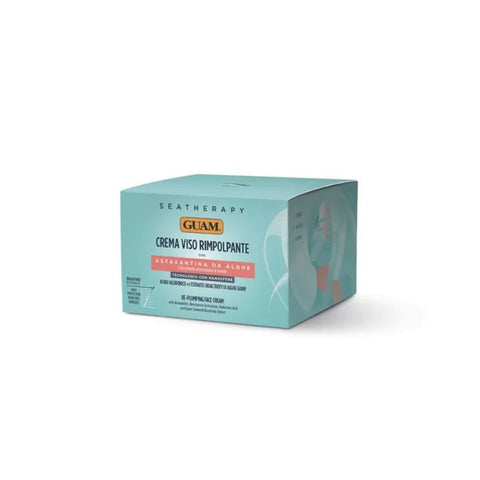 GUAM Seatherapy Gesichtscreme Fülleffekt Astaxanthin 50 ml, Faltschachtel Vorderseite mit Produktbezeichnung Crema Viso Rimpolpante | Naturpräparate Dieterich