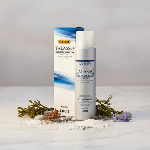 GUAM Talasso Hydromassage Meeresbad 250 ml Flasche mit Umverpackung, nicht schäumender Badezusatz mit Meeresalgen für Whirlpool und Badewanne abgebildet mit Algen, Salz und Blüten | Naturpräparate Dieterich