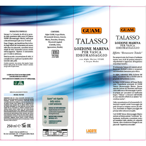 GUAM Talasso Hydromassage Meeresbad Gesamtansicht der Verpackung mit Anwendungshinweisen und INCI-Liste, Dosierung 2 bis 3 Messlöffel à 40 ml |Naturpräparate Dieterich