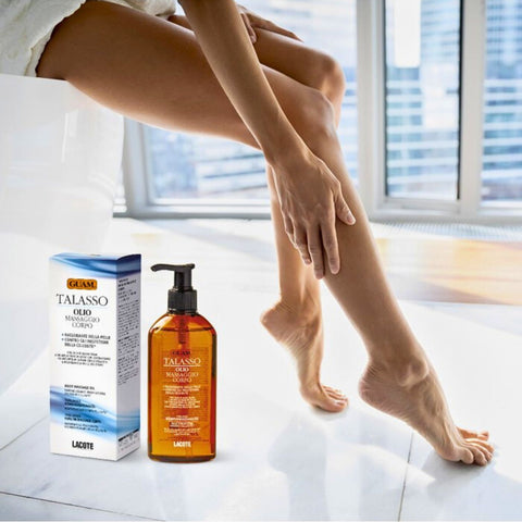 GUAM Talasso Anti-Cellulite Massageöl 200 ml Anwendung durch Einmassieren an den Beinen | Naturpräparate Dieterich