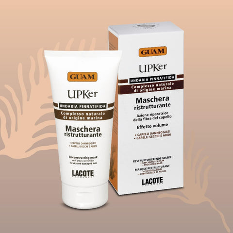 GUAM UPKer aufbauende Haarmaske 150 ml Tube mit Faltschachtel, Haarkur mit Meeresalgen und Arganöl für trockenes und geschädigtes Haar. Braunalge Undaria pinnatifida als Leitwirkstoff der GUAM UPKer Haarpflegelinie für Glanz, Geschmeidigkeit und Fülle. Naturpräparate Dieterich
