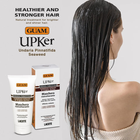 GUAM UPKer aufbauende Haarmaske 150 ml Tube mit Faltschachtel, Haarkur mit Meeresalgen und Arganöl für trockenes und geschädigtes Haar und Anwendung auf langem braunen Frauenhaar | Naturpräparate Dieterich