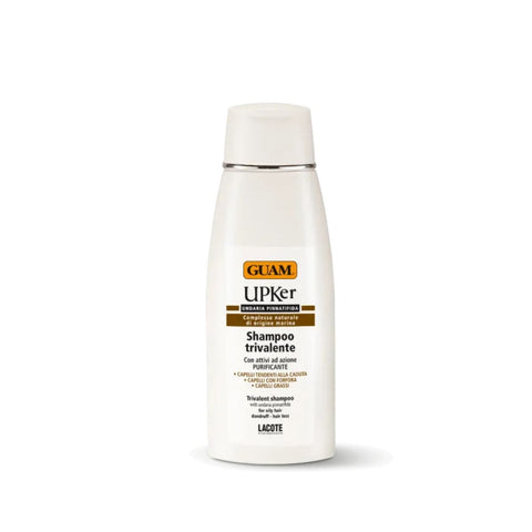 GUAM UPKer Shampoo bei Schuppen und fettigem Haar 200 ml, weiße Flasche mit Etikett Shampoo Trivalente von LACOTE | Naturpräparate Dieterich