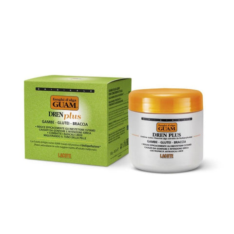 GUAM Algenfango DREN Plus intensiv entwässernd und antioxidativ 500g Produktbild mit Originalverpackung und Dose hochwirksamer Algenfango zur Entwässerung Hautstraffung und Cellulite Behandlung. Naturpräparate Dieterich