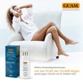 GUAM CORPO Anti-Aging Körpercreme mit straffender Wirkung, effektive Pflege gegen Cellulite und für glatte, feste Haut mit der Kraft der GUAM-Algen, abgebildet mit entspannter Frau und schönen straffen Beinen im Sessel. Naturpräparate Dieterich