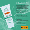 GUAM DUO Gesäß und Beine Intensivcreme gegen Cellulite kühlend 200 ml mit Abbildung der Tube und grafischer Darstellung der Hauptinhaltsstoffe: GUAM Algen (Rotalge und Flügelalge) zur Stärkung von Hautfestigkeit und Elastizität, Meeresquellwasser zur Förderung der Zellaktivität, Glykosaminoglykane (GAGs) für tiefe Feuchtigkeitsversorgung, Wasserminze zur Erfrischung und Belebung der Haut sowie Reiskeimöl zur Pflege und zum Schutz. Naturpraeparate Dieterich