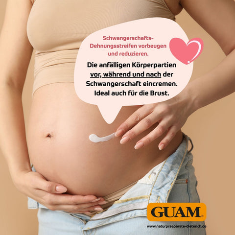 GUAM DUO Intensivcreme gegen Dehnungsstreifen an Brust, Bauch, Beinen bzw. allen anfälligen Körperpartien. Anwendung bei Schwangerschaft zur Vorbeugung und Reduzierung von Schwangerschaftsstreifen mit GUAM Algen, Meeresquellwasser und Glykosaminoglykanen, dermatologisch getestet und sicher für die Pflege vor, während und nach der Schwangerschaft. Naturpräparate Dieterich