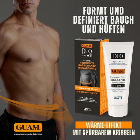 GUAM DUO UOMO stark fettreduzierende Creme für Männer 200 ml mit Wärme-Effekt und spürbarem Kribbeln, Anwendung an Bauch und Hüften, Produktfoto mit Mann mit definiertem Oberkörper, Creme und Verpackung im Vordergrund. Naturpräparate Dieterich
