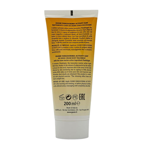 GUAM Fangocrema Activity Day Planktigyn Aktivcreme mit marinem Wirkstoff zur Aktivierung von Adiponektin für sportliche Unterstützung strafft Haut reduziert Fettdepots verfeinert Konturen verbessert Tonus und Hautbild zeigt Rückseite der Tube mit detaillierter Beschreibung Anwendungshinweisen und INCI ideal für Nutzer die vor dem Training eine leistungssteigernde Körperpflege einsetzen möchten hochwertige Meeresalgen Kosmetik für aktive Silhouette und definierte Konturen. | Naturpräparate Dieterich