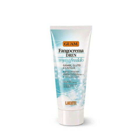 GUAM Fangocrema DREN Effetto Freddo 200 ml Tube entwässernde Körpercreme in weißer Kunststofftube mit türkisblauem Design reduziert Hautunreinheiten durch Schwellungen und Wassereinlagerungen mit kühlendem Effekt für Beine Po und Knöchel pflegende Detox Creme von Lacote gegen Flüssigkeitsretention und zur Hautstraffung. Naturpräparate Dieterich