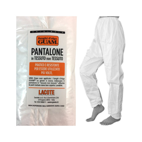 GUAM Hose für Fango Anwendungen waschbar wiederverwendbar Einheitsgröße Vliesstoff Zubehör für Algenfango Behandlungen Abbildung Produktfoto mit Verpackung und Hose. Naturpräparate Dieterich
