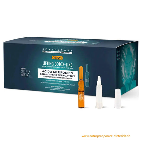 Ampullen SeaTherapy „Botox Like“ Lifting Schockkur
• Sofort sichtbarer Lifting Effekt durch Low Molekül Hyaluronsäure & dermoaktive Nanosphären
• Intensiv-Schockkur: Einzelampullen für gezielte Power-Behandlung
• Guam Bioaktiv Algen Extrakt: reich an Antioxidantien, stärkt Hautbarriere, reduziert freie Radikale
• Vitamin C Booster: fördert Hauterneuerung und verleiht sofortige Ausstrahlung
• Maximale Wirkstoffkonzentration: ohne Füllstoffe, wasserfrei
• Dermatologisch & Nickel getestet, silikon-/parabenfrei