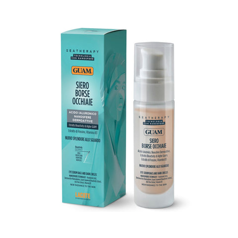 GUAM Seatherapy Augenserum gegen Schwellungen und Augenringe 30 ml (Siero Borse Occhiaie) – Serum für die Augenpartie zur Pflege bei Tränensäcken und Augenringen, mit Hyaluronsäure, GUAM-Algen Bioactivity Extract, Eschenextrakt und Vitamin B3, dosierbar über Pumpspender. Abbildung zeigt Umverpackung und Serumflasche nebeneinander. | Naturpräparate Dieterich