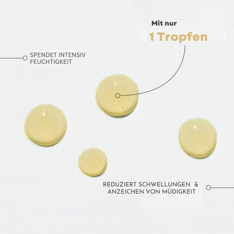 GUAM Seatherapy Siero Borse Occhiaie Augenserum 30 ml – konzentriertes Serum für die Augenpartie, dosierbar in kleinen Mengen zur Pflege bei Trockenheit, Schwellungen und Müdigkeitszeichen, mit Hyaluronsäure, Vitamin B3, Eschenextrakt und GUAM-Algen Bioactivity Extract. Abbildung zeigt mehrere Serumtropfen und Texthinweise Mit nur 1 Tropfen, spendet intensiv Feuchtigkeit, reduziert Schwellungen. | Naturpräparate Dieterich