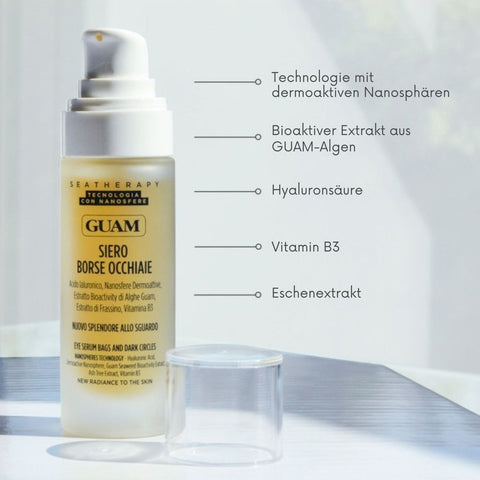 GUAM Seatherapy Siero Borse Occhiaie Augenserum 30 ml – Augenserum zur Pflege bei Augenringen und Tränensäcken mit dermoaktiven Nanosphären, bioaktivem Extrakt aus GUAM-Algen, Hyaluronsäure, Vitamin B3 und Eschenextrakt zur Unterstützung bei Schwellungen und Müdigkeitszeichen. Abbildung zeigt Serumflasche mit abgenommenem Deckel und Stichpunkte zu Technologie und Wirkstoffen. | Naturpräparate Dieterich