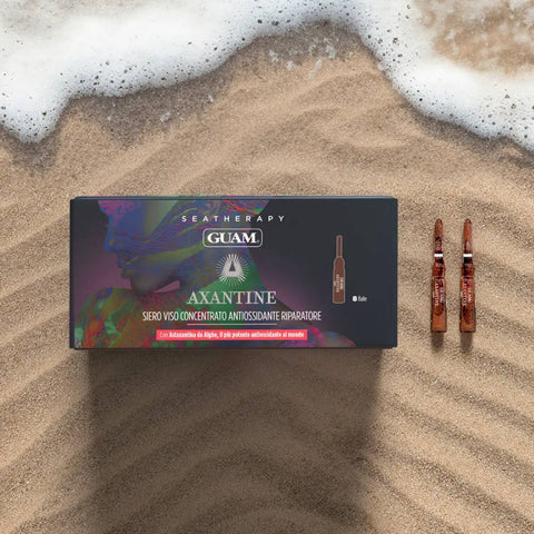 GUAM Seatherapy Axantine konzentriertes Serum antioxidativ 8 Ampullen à 2 ml – antioxidatives, reparierendes Gesichtsserum mit Astaxanthin aus Mikroalgen und Omega-9 (Protheca moriformis); unterstützt die Haut bei UVA-/UVB-bedingtem oxidativem Stress, hilft Zeichen lichtbedingter Hautalterung zu mindern; für Gesicht, Hals und Dekolleté, Ampullenkur. Verpackung mit Ampullen. | Naturpräparate Dieterich