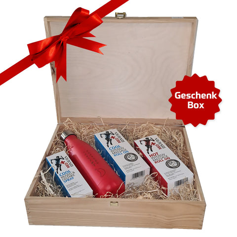 Geschenkbox RIVIERA MED+ bestehend aus: 
RIVIERA MED+ HOT Intensiv Massage Roll On 150 ml,  RIVIERA MED+ COOL Intensiv Massage Roll On 150 ml, RIVIERA MED+ COOL Muskel & Gelenke Spray 100 ml, Chilly's Bottle mit stylischer Gravur, hält 12 Stunden warm und 24 Stunden kalt, wiederverwendbare Holzkassette. Foto Geschenkbox mit roter Schleife. | Naturpräparate Dieterich