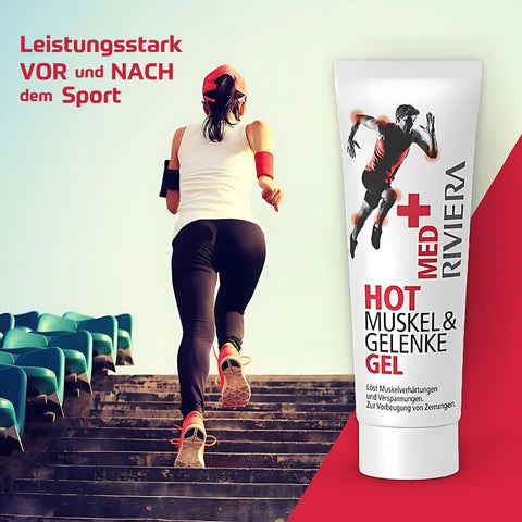 Riviera MED+ HOT Muskel & Gelenke Gel  in 75 ml Tube auf Bild mit Frau, die eine Teppe hinaufrennt mit Text: Leistungsstark vor und nach dem Sport. | Naturpräparate Dieterich
