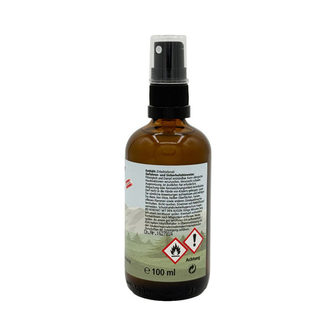 Rückseite des Holzhacker Zirben Sprays 100 ml mit Etikett – Inhaltsstoffe und Gefahrenhinweise | Naturpräparate Dieterich
