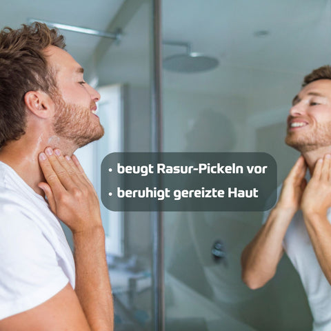 Holzhacker Aloe Vera Creme - Foto von bei der Rasur und Text: beugt Rasur-Pickeln vor, beruhigt gereizte Haut. | Naturpräparate Dieterich
