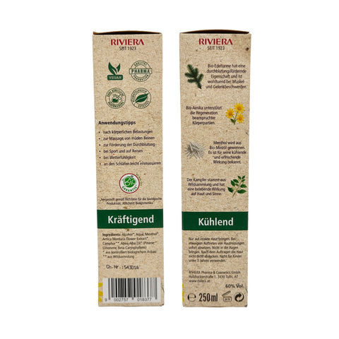 Holzhacker Bio Franzbranntwein 250 ml – wohltuende Bio-Pflanzenkraft für Muskeln und Gelenke. Seitenansicht der Verpackung mit Erläuterungen zu Bio-Edeltanne mit durchblutungsfördernder Eigenschaft, Bio-Arnika zur Unterstützung der Regeneration, Menthol aus Bio-Minze mit kühlender Wirkung und Kampfer aus Wildsammlung. | Naturpräparate Dieterich