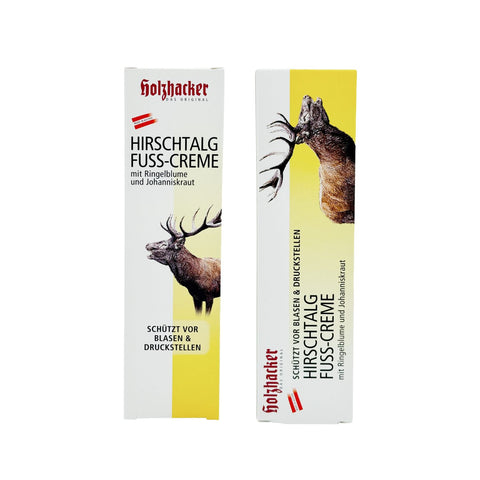 Holzhacker Hirschtalg Fusscreme - nicht nur für die Füsse! Schützt vor Blasenbildung, Wundliegen, Wundreiben bei im Alltag bei Sport und Arbeit. Abgebildet Verpackung Vorder- und Rückseite | Naturpräparate Dieterich