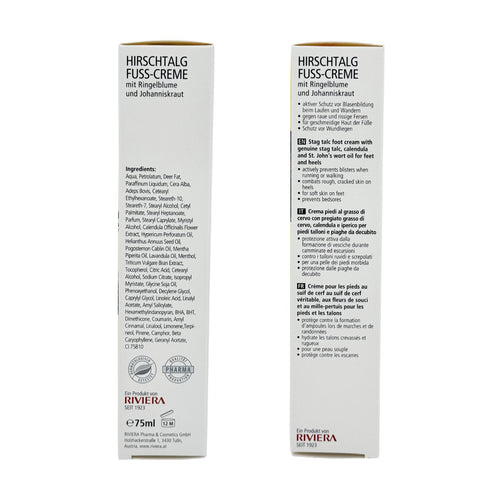 Holzhacker Hirschtalg Fusscreme - nicht nur für die Füsse! Schützt vor Blasenbildung, Wundliegen, Wundreiben bei im Alltag bei Sport und Arbeit. Abgebildet Verpackung mit Inhaltsstoffen und Hinweisen in Deutsch, Englisch, Italienisch und Französisch | Naturpräparate Dieterich