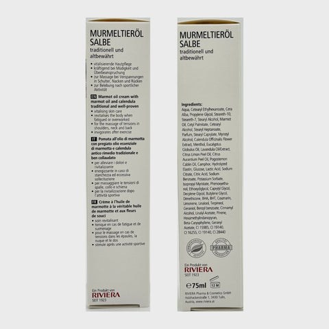 olhacker Murmeltieröl Tube mit 75 ml Verpackung mit Hinweisen in Deutsch, Englisch, Italienisch, Französisch und Auflistung Inhaltsstoffe | Naturpräparate Dieterich