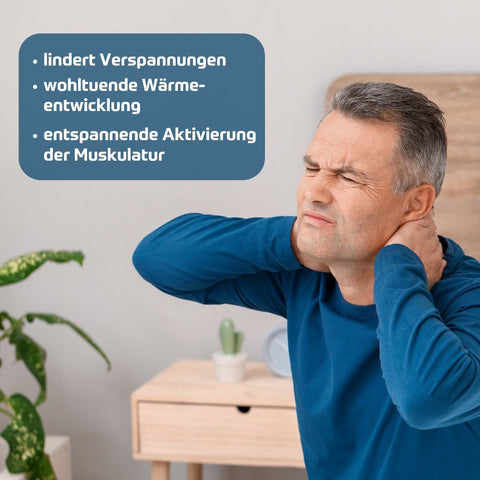 Holzhacker Muskel & Gelenksalbe. Foto eines Mannes, der sich mit schmerzverzerrtem Gesicht mit beiden Händen den Nacken hält und Text: linder Verspannungen, wohltuende Wärmeentwicklung, entspannende Aktivierung der Muskulatur. | Naturpräparate Dieterich