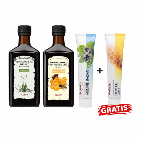 Riviera/Holzhacker Immun-Propolis-Set für die kalte Jahreszeit bestehend aus Spitzwegerichsaft mit Vitamin C, Immunkomplex mit Propolis & Honig, Atemfrei Balsam und gratis Propolis Salbe 75ml Tube | Naturpräparate Dieterich