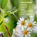 Holzhacker Johanniskrautöl After Sun Salbe. Foto von Jojoba und Kamille, die in der Salbe enthalten sind und Text: Jojoba & Kamille - antioxidativ, wundheilend, reizlindernd, reguliert Feuchtigkeitshaushalt, antiseptisch, reguliert Talkproduktion. | Naturpräparate Dieterich