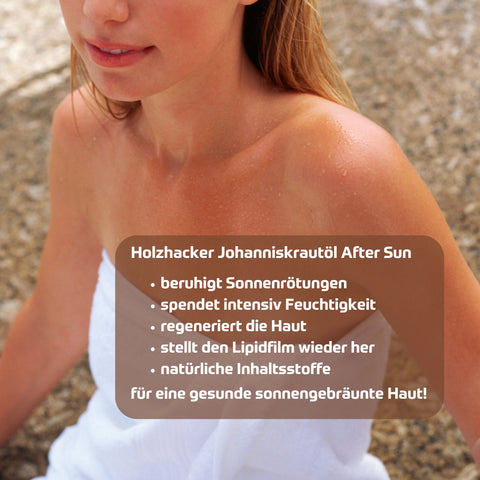 Holzhacker Johanniskrautöl After Sun Salbe. Foto von Frau mit Sonnenbrand an Dekoltee, Armen und Gesicht. Text: Holzhacker Johanniskrautöl After Sun beruhigt Sonnenrötungen, spendet intensiv Feuchtigkeit, regeneriert die Haut, stellt den Lipidfilm wieder her, natürliche Inhaltsstoffe - für eine gesunde und sonnengebräunte Haut. | Naturpräparate Dieterich